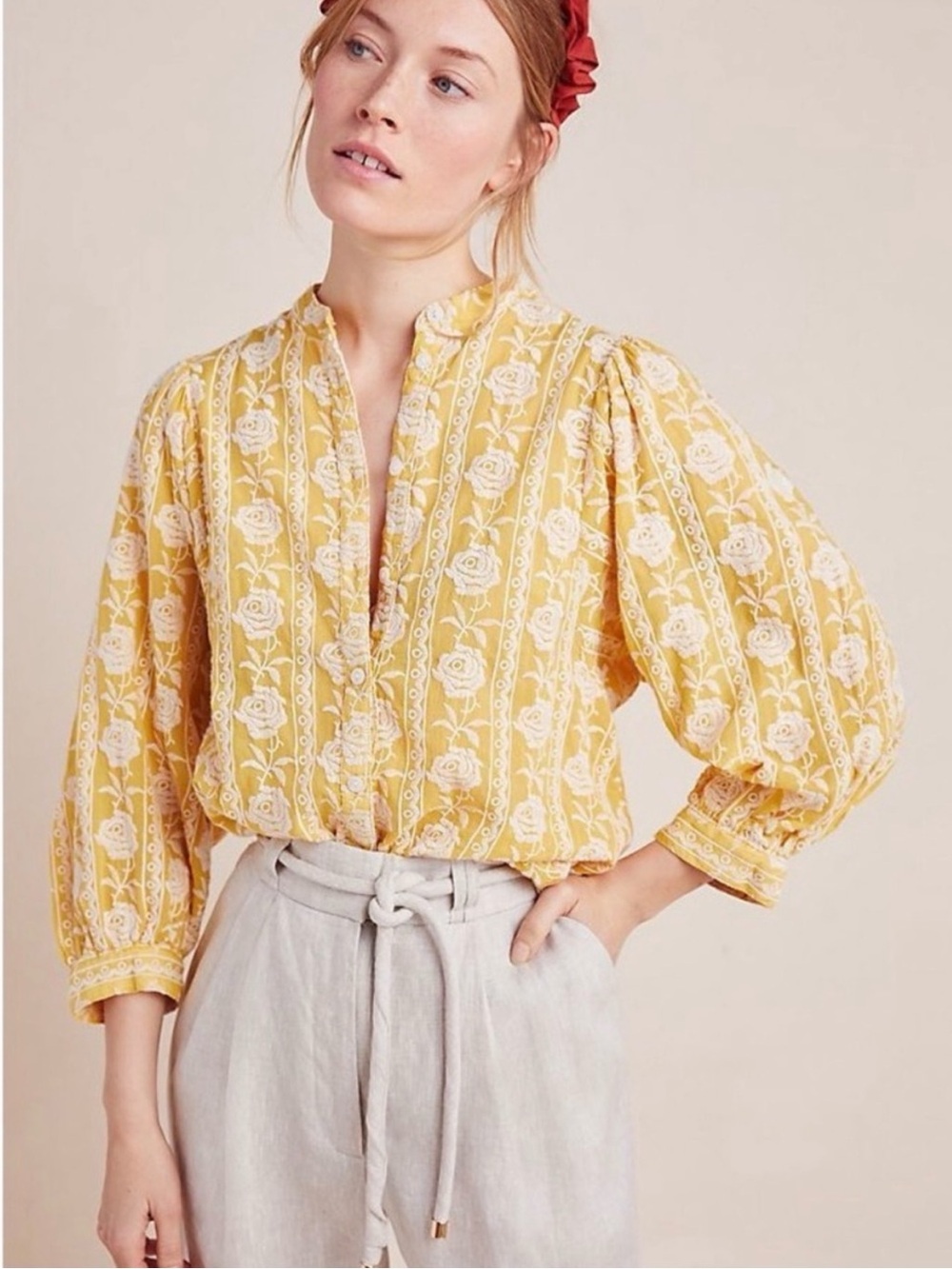 Pilcro And The Letterpress Anthropologie Embroidered Roses Yellow Blouse Small
